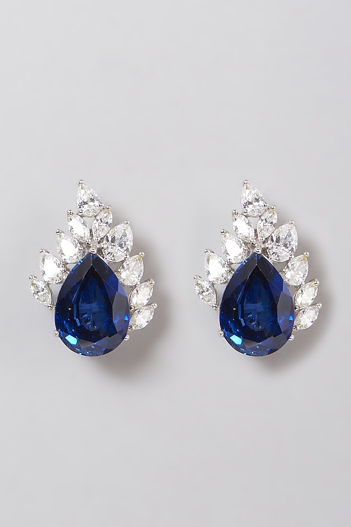 White Rhodium Finish Blue Stone Earrings In Sterling Silver by Diosa Paris Jewellery at Pernia's Pop Up Shop