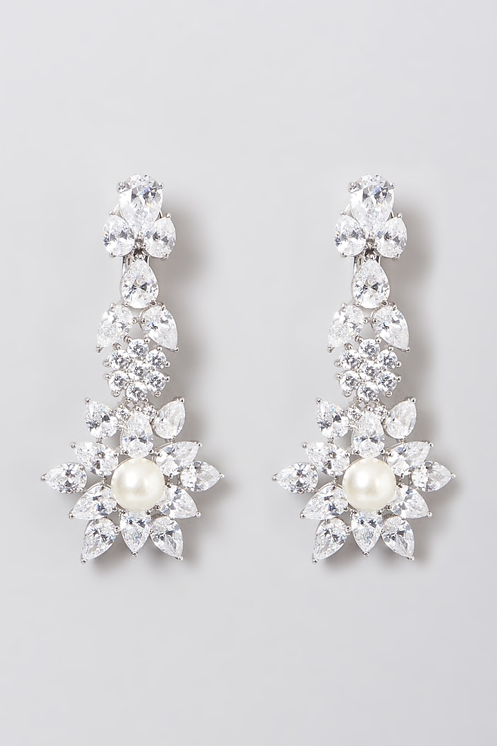 White Rhodium Finish Dangler Earrings In Sterling Silver by Diosa Paris Jewellery at Pernia's Pop Up Shop