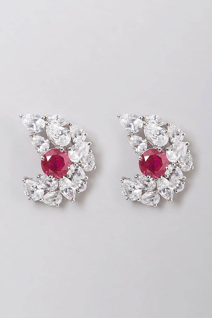 White Rhodium Finish Pink Stone Earrings In Sterling Silver by Diosa Paris Jewellery at Pernia's Pop Up Shop