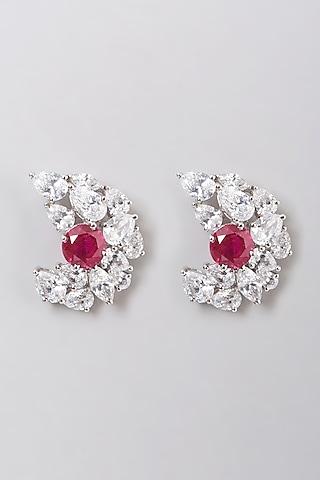 White Rhodium Finish Pink Stone Earrings In Sterling Silver by Diosa Paris Jewellery