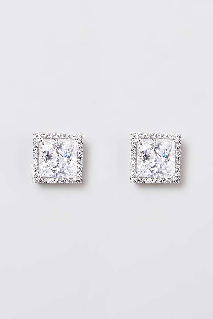 White Rhodium Finish Swarovski Zirconia Stud Earrings In 92.5 Sterling Silver by Diosa Paris Jewellery at Pernia's Pop Up Shop