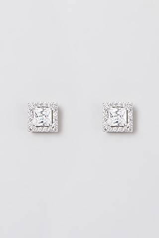White Rhodium Finish Swarovski Zirconia Round Stud Earrings In 92.5 Sterling Silver by Diosa Paris Jewellery