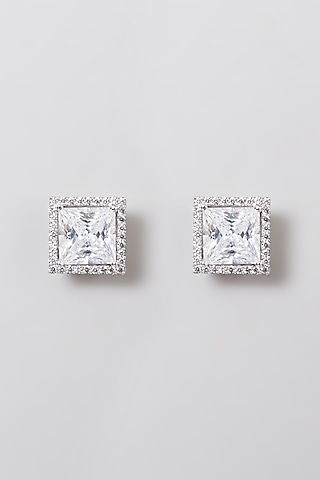 White Rhodium Finish Swarovski Round Stud Earrings In 92.5 Sterling Silver by Diosa Paris Jewellery