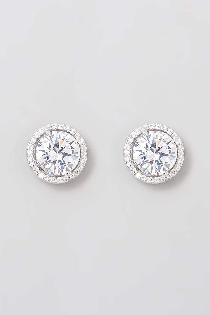 White Rhodium Finish Swarovski Zirconia Round-Cut Stud Earrings In 92.5 Sterling Silver by Diosa Paris Jewellery at Pernia's Pop Up Shop