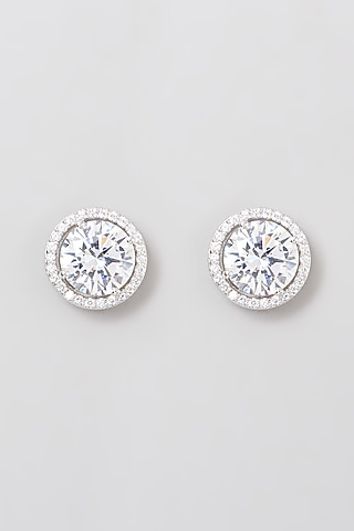 White Rhodium Finish Swarovski Zirconia Round-Cut Stud Earrings In 92.5 Sterling Silver by Diosa Paris Jewellery