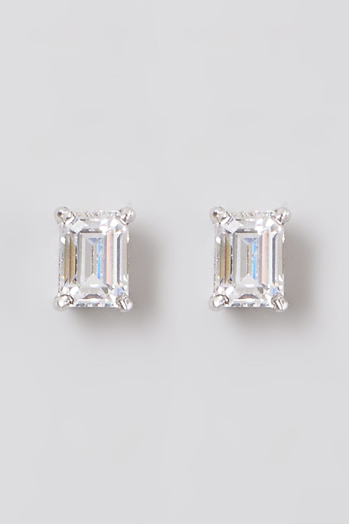 White Rhodium Finish Swarovski Zirconia Emerald-Cut Earrings In 92.5 Sterling Silver by Diosa Paris Jewellery at Pernia's Pop Up Shop