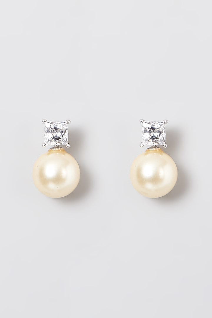 White Rhodium Finish Golden Pearl Oval-Cut Earrings In 92.5 Sterling Silver by Diosa Paris Jewellery at Pernia's Pop Up Shop