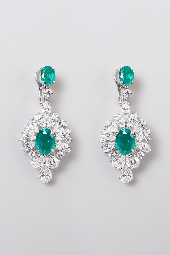 White Rhodium Finish Green & White Swarovski Zirconia Chandelier Earrings In 92.5 Sterling Silver by Diosa Paris Jewellery at Pernia's Pop Up Shop