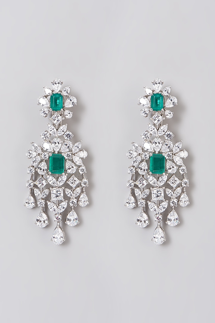 White Rhodium Finish Green Swarovski Zirconia Chandelier Earrings In 92.5 Sterling Silver by Diosa Paris Jewellery at Pernia's Pop Up Shop