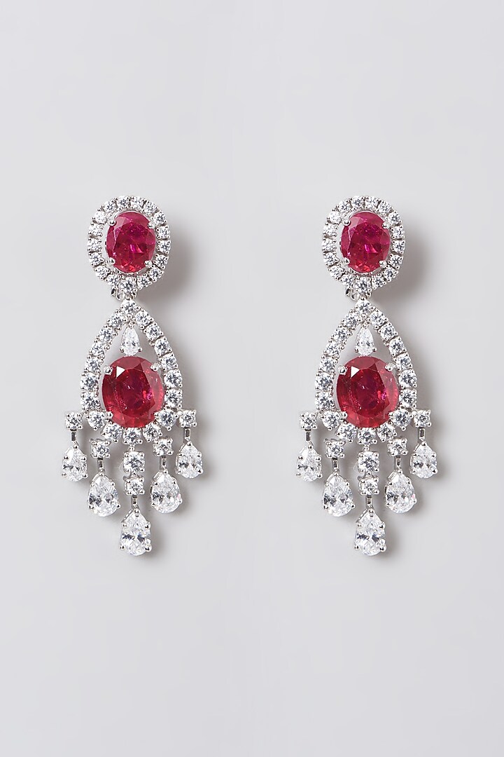 White Rhodium Finish Red & White Swarovski Zircons Earrings In 92.5 Sterling Silver by Diosa Paris Jewellery at Pernia's Pop Up Shop