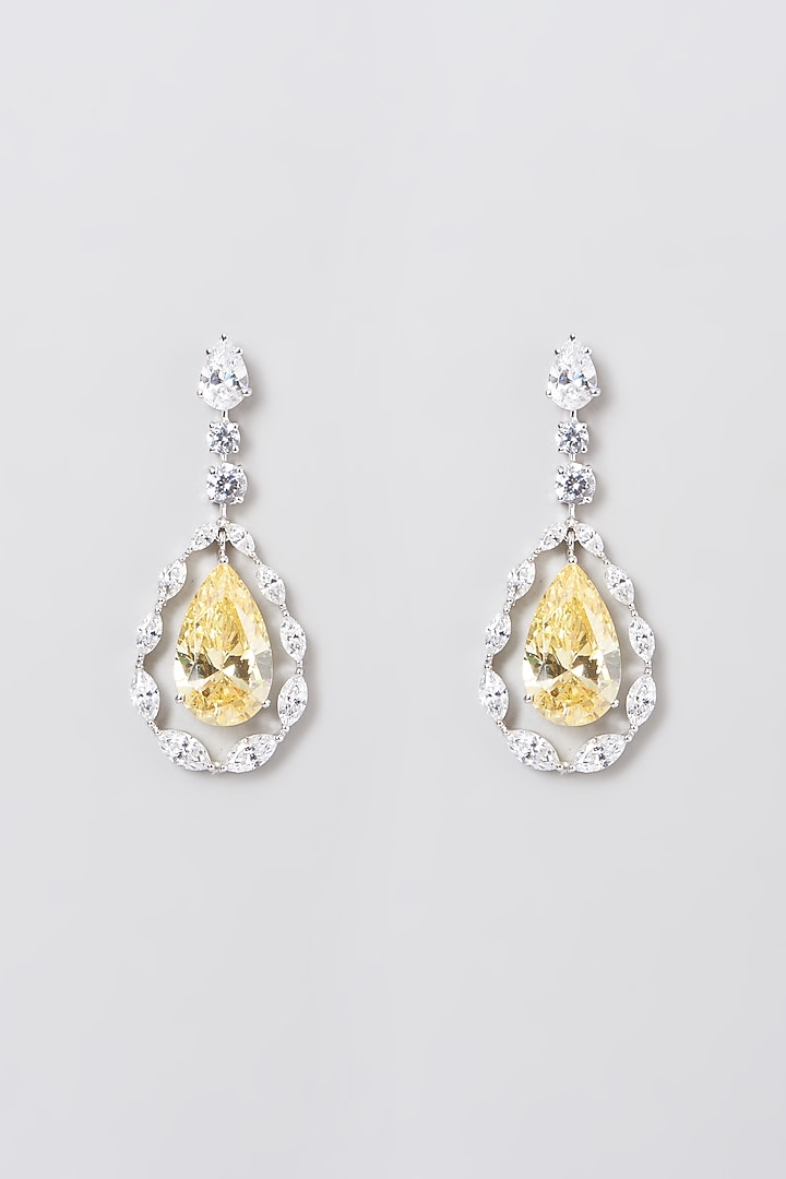 White Rhodium Finish Yellow Swarovski Zircons Chandelier Earrings In 92.5 Sterling Silver by Diosa Paris Jewellery at Pernia's Pop Up Shop