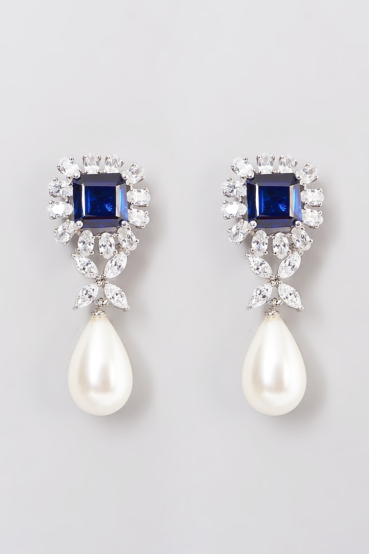 White Rhodium Finish Blue & White Swarovski Zircons Earrings In 92.5 Sterling Silver by Diosa Paris Jewellery at Pernia's Pop Up Shop