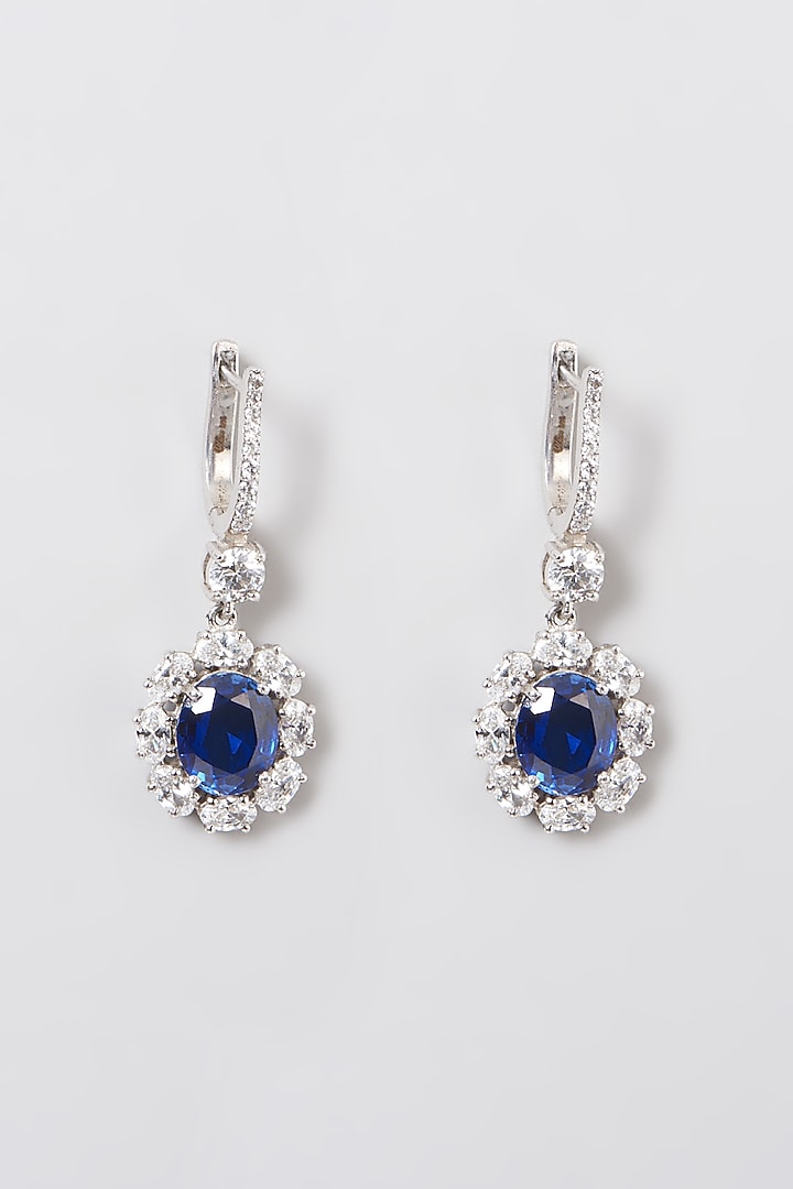 White Rhodium Finish Blue & White Swarovski Zircons Oval-Cut Earrings In 92.5 Sterling Silver by Diosa Paris Jewellery at Pernia's Pop Up Shop
