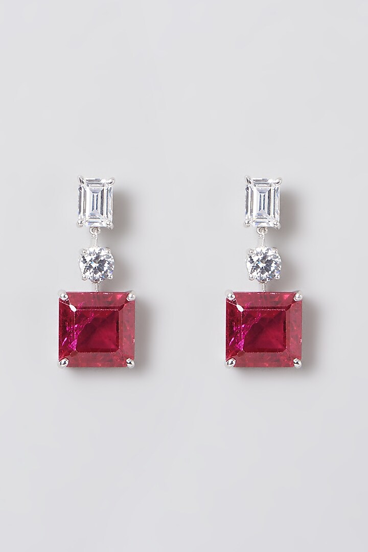 White Rhodium Finish Red Swarovski Zircons Earrings In 92.5 Sterling Silver by Diosa Paris Jewellery at Pernia's Pop Up Shop