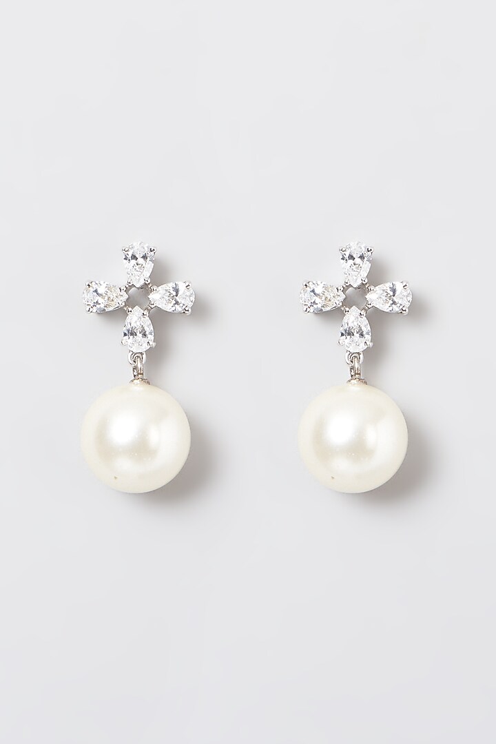White Rhodium Finish Pearls & Swarovski Zircons Pear Earrings In 92.5 Sterling Silver by Diosa Paris Jewellery at Pernia's Pop Up Shop