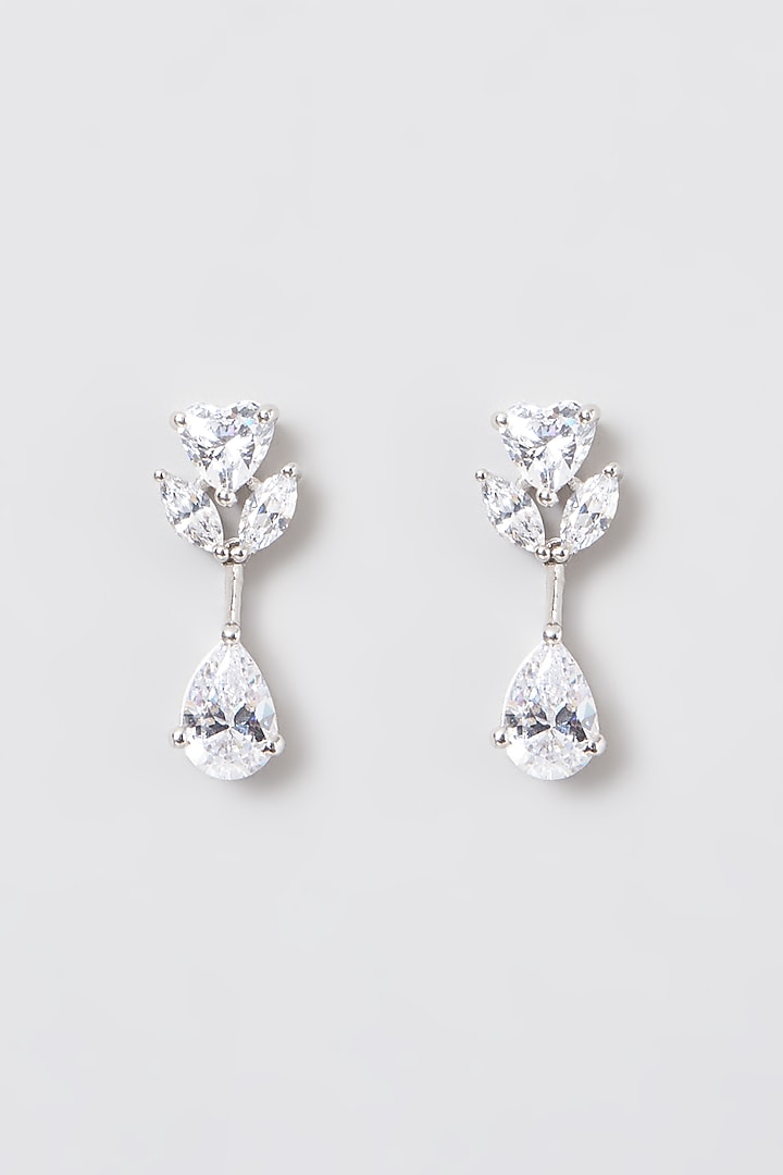 White Rhodium Finish Swarovski Zircons Drop Earrings In 92.5 Sterling Silver by Diosa Paris Jewellery at Pernia's Pop Up Shop