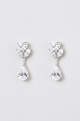 White Rhodium Finish Swarovski Zircons Drop Earrings In 92.5 Sterling Silver by Diosa Paris Jewellery