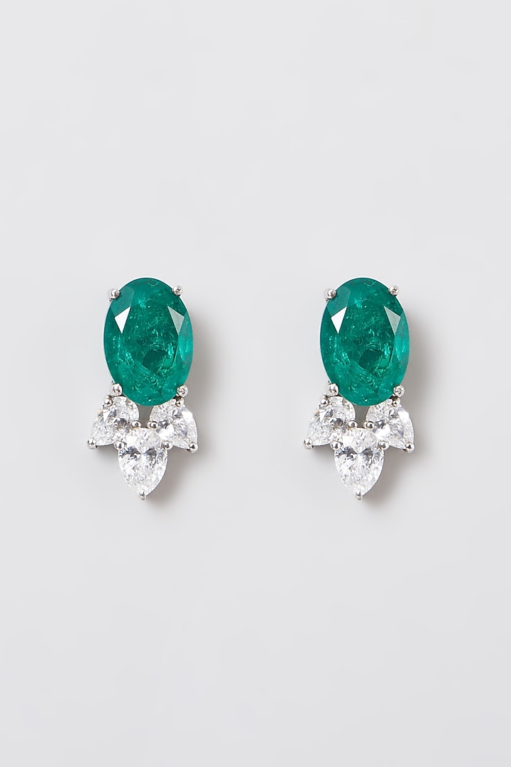 White Rhodium Finish Green Swarovski Zircons Oval Earrings In 92.5 Sterling Silver by Diosa Paris