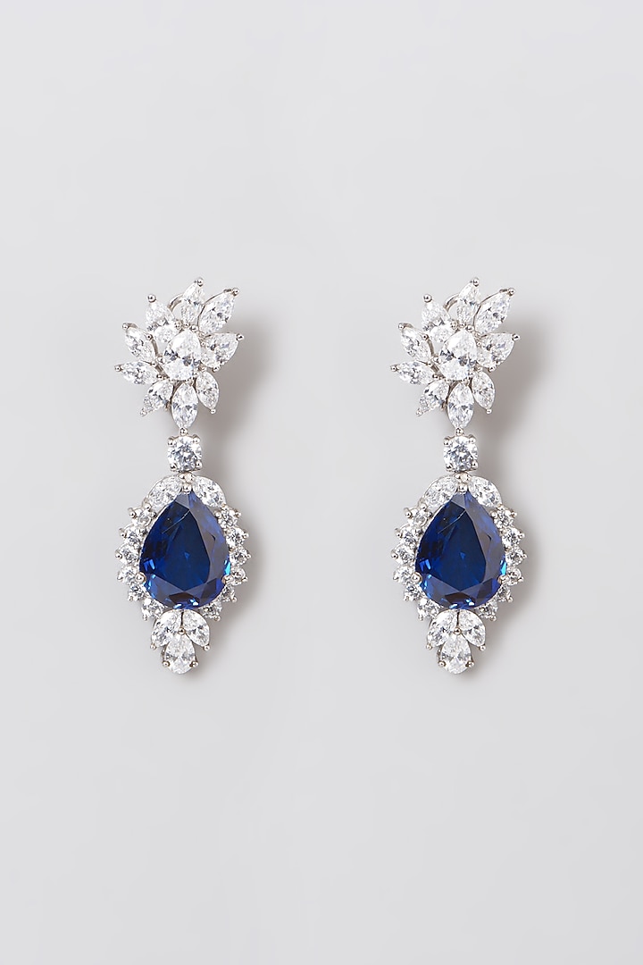 White Rhodium Finish Blue Swarovski Zircons Earrings In 92.5 Sterling Silver by Diosa Paris Jewellery at Pernia's Pop Up Shop
