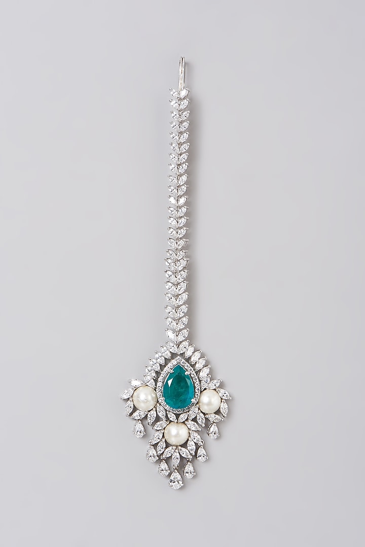 White Rhodium Finish Swarovski Zirconia Maang Tikka In Sterling Silver by Diosa Paris Jewellery at Pernia's Pop Up Shop