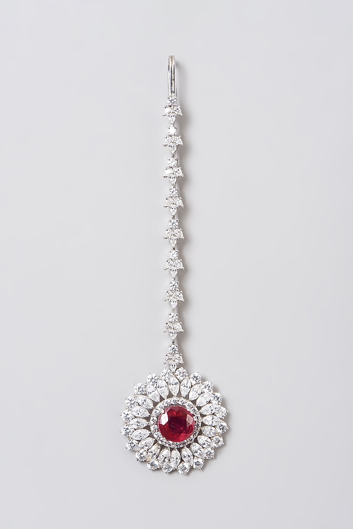 White Rhodium Finish Red Swarovski Zirconia Maang Tikka In Sterling Silver by Diosa Paris Jewellery at Pernia's Pop Up Shop