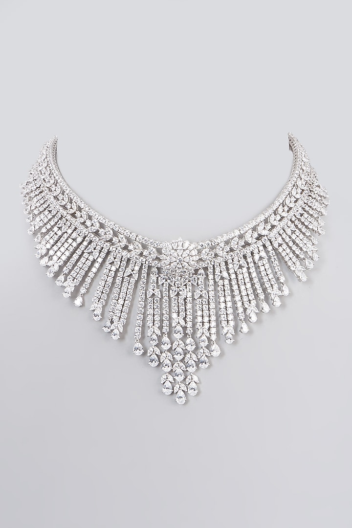 White Rhodium Finish Swarovski Zirconia Bridal Choker Necklace In Sterling Silver by Diosa Paris Jewellery at Pernia's Pop Up Shop