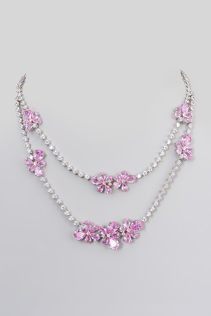 White Rhodium Finish Pink Swarovski Zirconia Necklace In Sterling Silver by Diosa Paris Jewellery at Pernia's Pop Up Shop
