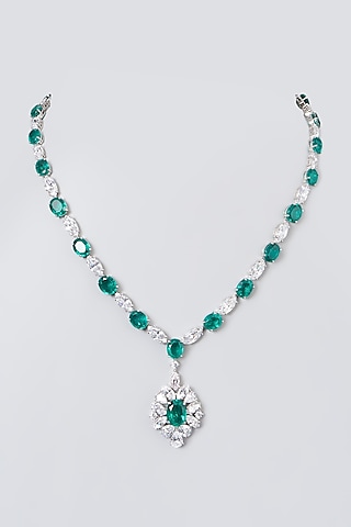White Rhodium Finish Green Swarovski Zirconia Pendant Necklace In Sterling Silver by Diosa Paris Jewellery