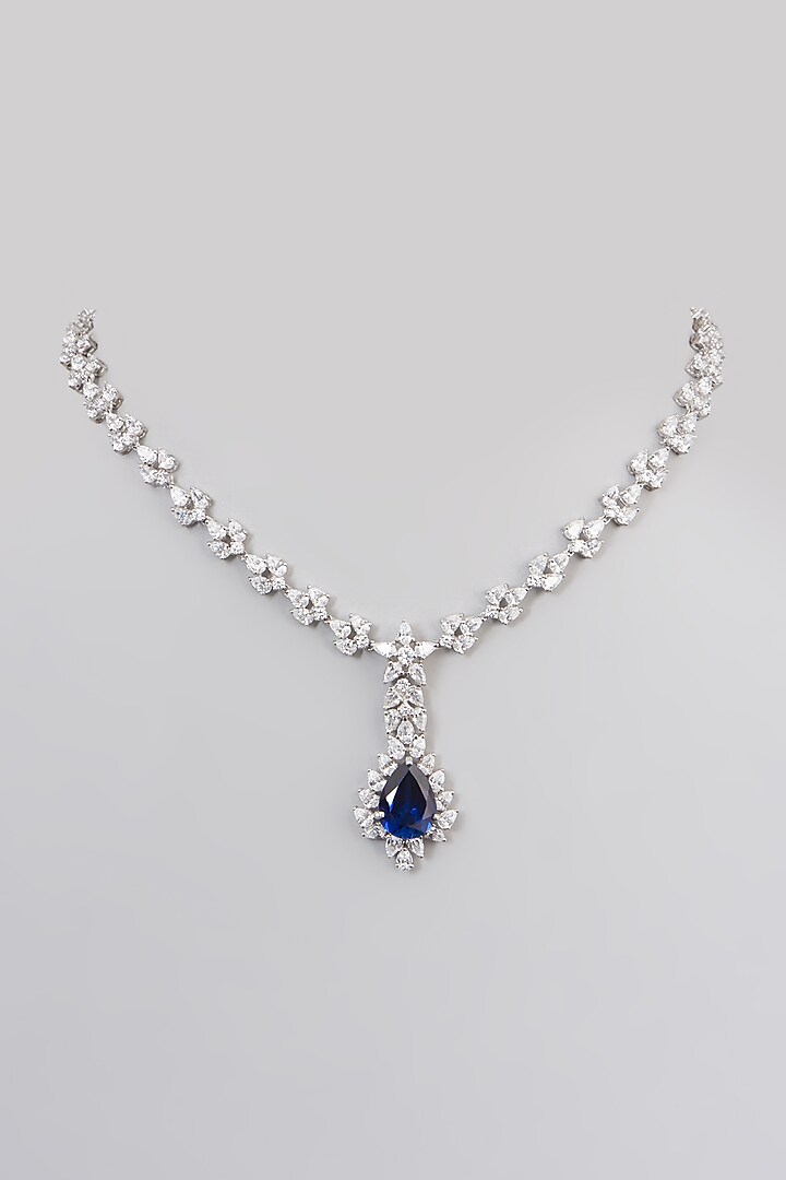 White Rhodium Finish Blue Swarovski Zirconia Necklace In Sterling Silver by Diosa Paris Jewellery at Pernia's Pop Up Shop