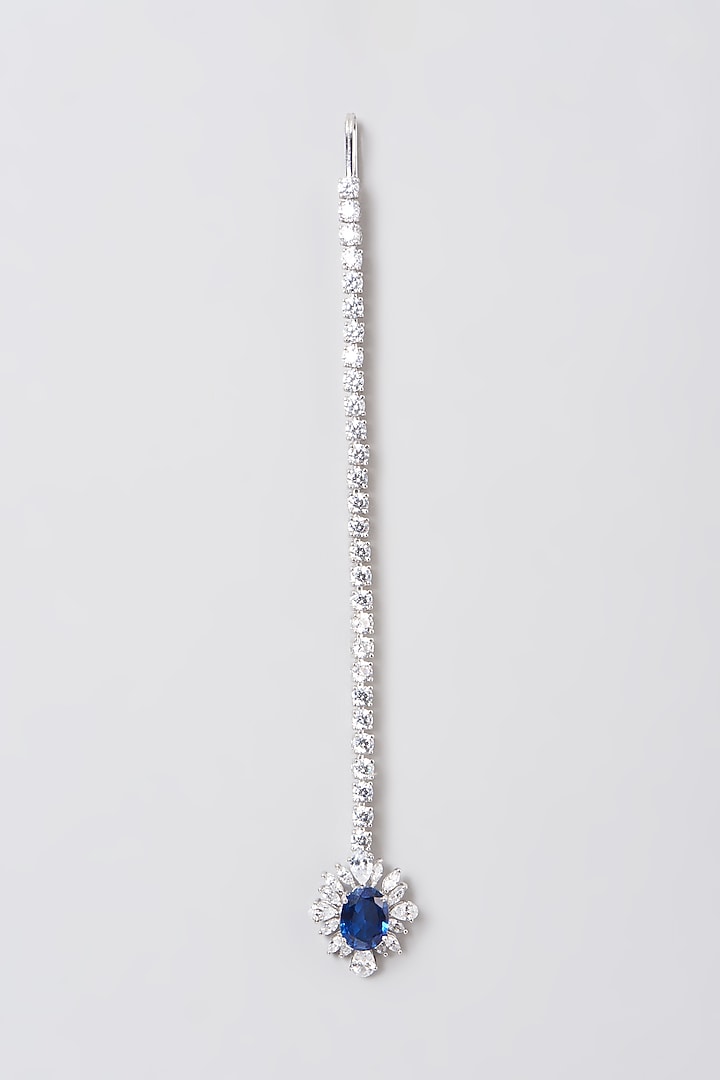 White Rhodium Finish Blue Swarovski Zirconia Maang Tikka In Sterling Silver by Diosa Paris Jewellery at Pernia's Pop Up Shop
