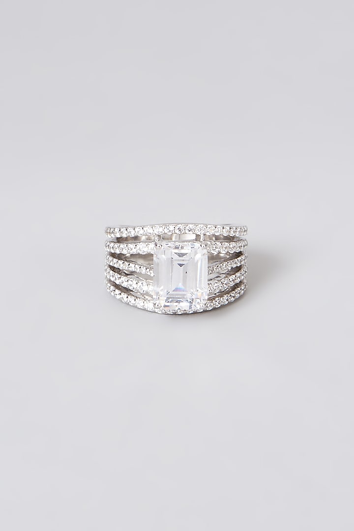 White Rhodium Finish Swarovski Zirconia Emerald-Cut Ring In Sterling Silver by Diosa Paris Jewellery at Pernia's Pop Up Shop