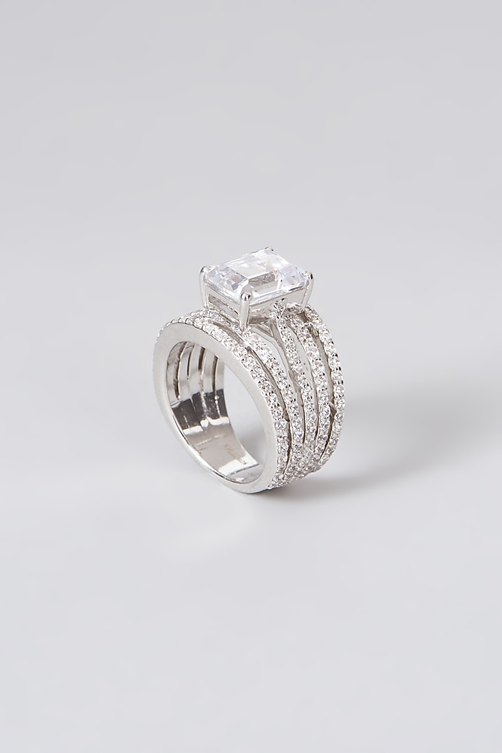 White Rhodium Finish Swarovski Zirconia Emerald-Cut Ring In Sterling Silver by Diosa Paris Jewellery at Pernia's Pop Up Shop