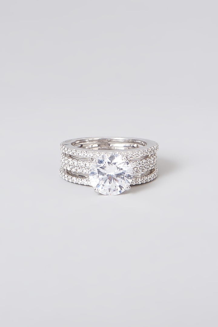 White Rhodium Finish Swarovski Zirconia Round-Cut Ring In Sterling Silver by Diosa Paris Jewellery at Pernia's Pop Up Shop