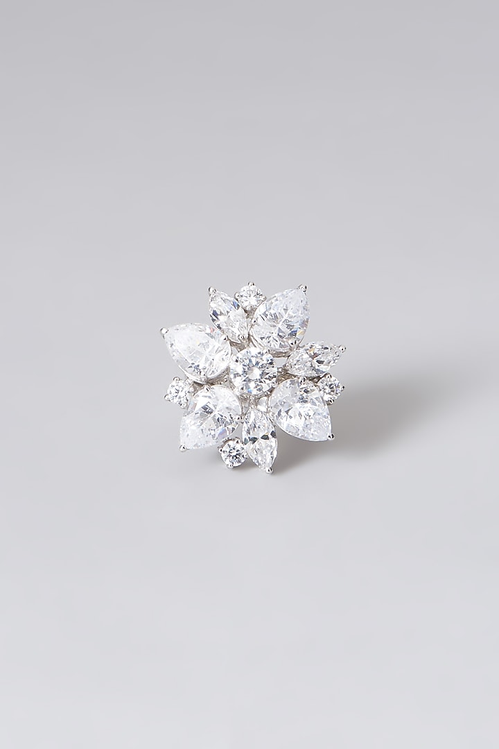 White Rhodium Finish Swarovski Zirconia Floral Ring In Sterling Silver by Diosa Paris Jewellery at Pernia's Pop Up Shop