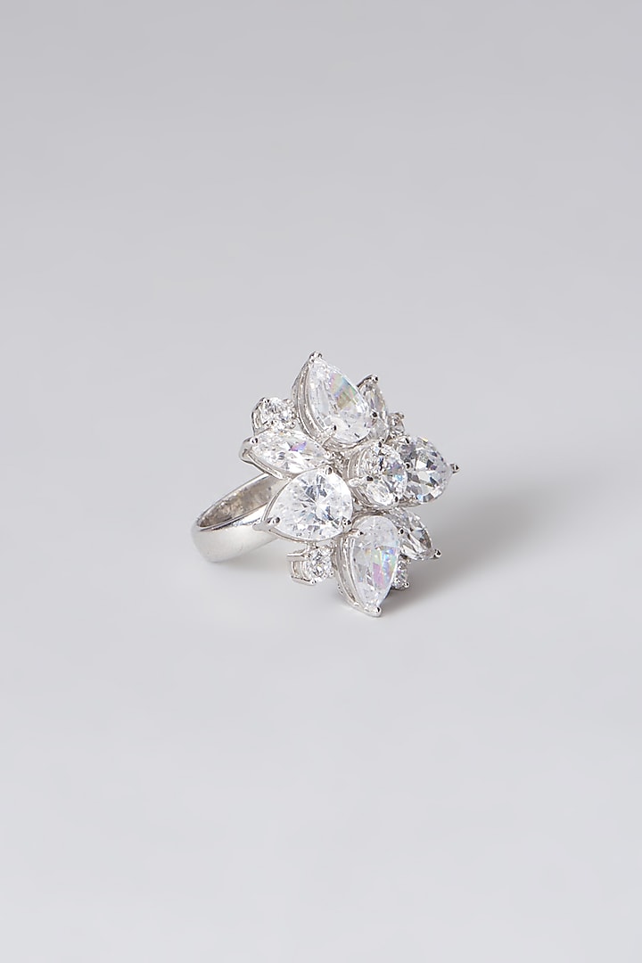 White Rhodium Finish Swarovski Zirconia Floral Ring In Sterling Silver by Diosa Paris Jewellery at Pernia's Pop Up Shop