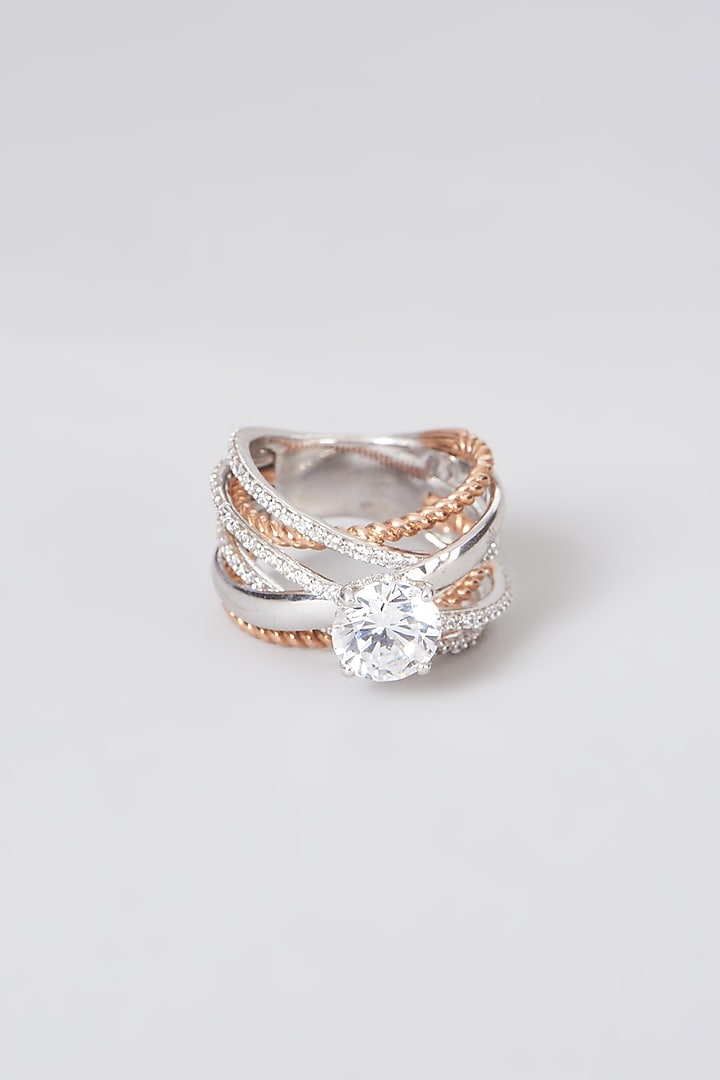 White Rhodium Finish Swarovski Zirconia Round Ring In Sterling Silver by Diosa Paris Jewellery at Pernia's Pop Up Shop