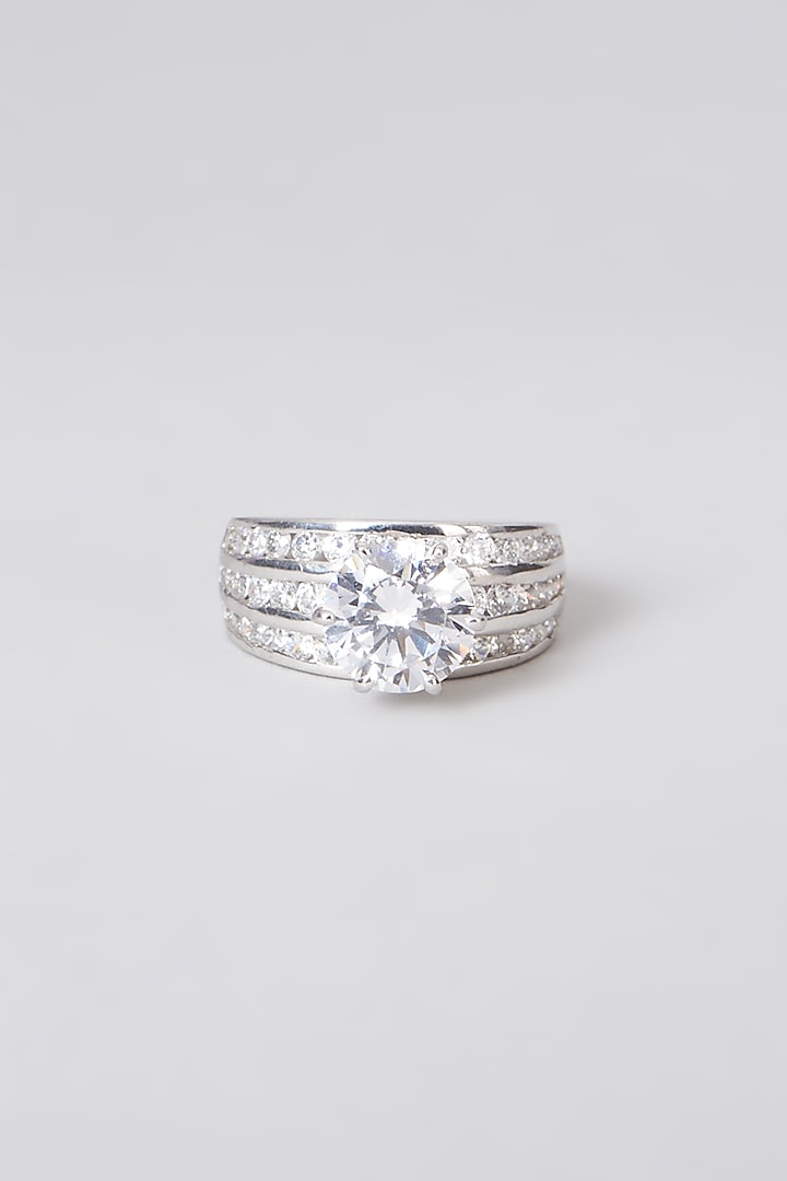 White Rhodium Finish Swarovski Zirconia Ring In Sterling Silver by Diosa Paris Jewellery at Pernia's Pop Up Shop