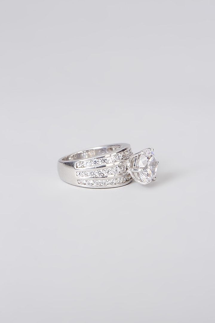 White Rhodium Finish Swarovski Zirconia Ring In Sterling Silver by Diosa Paris Jewellery at Pernia's Pop Up Shop