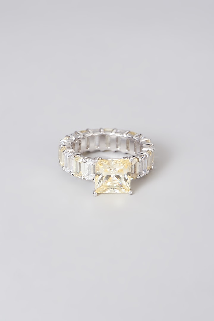 White Rhodium Finish Yellow Swarovski Zirconia Ring In Sterling Silver by Diosa Paris Jewellery at Pernia's Pop Up Shop