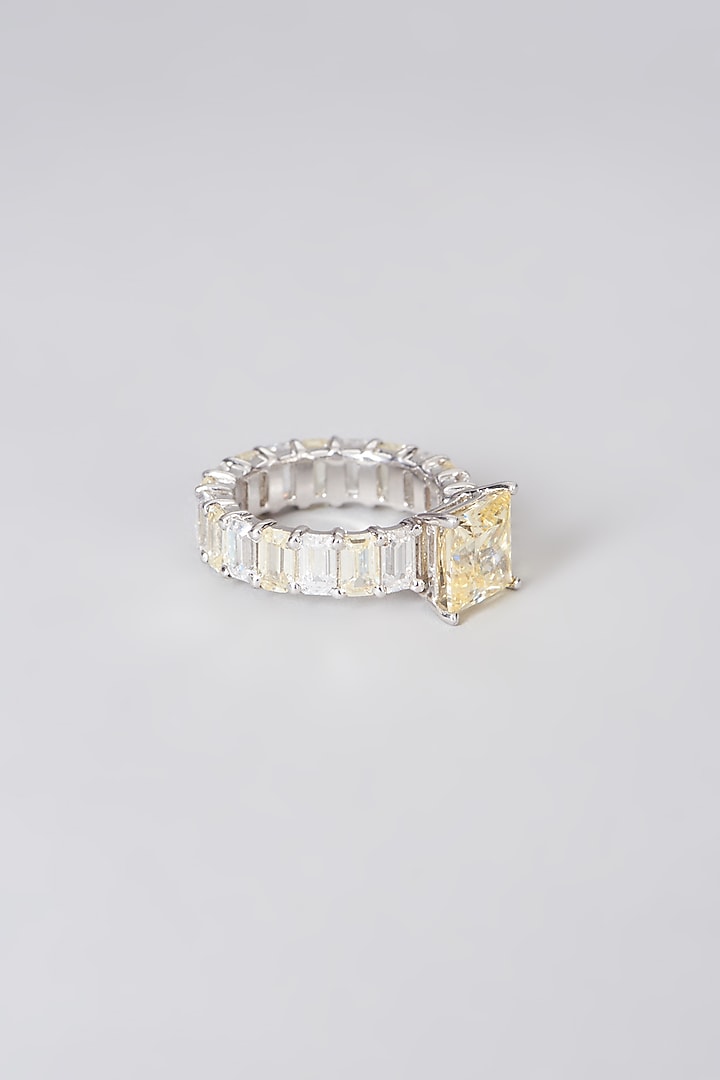 White Rhodium Finish Yellow Swarovski Zirconia Ring In Sterling Silver by Diosa Paris Jewellery at Pernia's Pop Up Shop