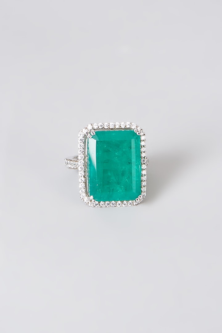 White Rhodium Finish Green Emerald Ring In Sterling Silver by Diosa Paris Jewellery at Pernia's Pop Up Shop
