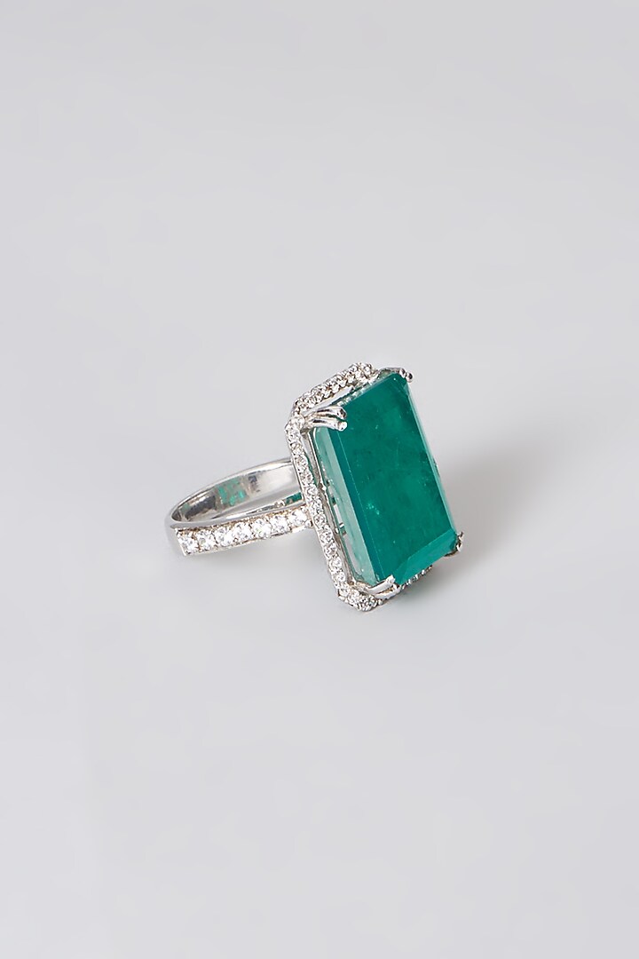 White Rhodium Finish Green Emerald Ring In Sterling Silver by Diosa Paris Jewellery at Pernia's Pop Up Shop