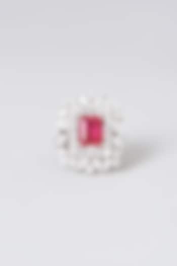 Black Rhodium Finish Red Swarovski Zirconia Emerald-Cut Ring In Sterling Silver by Diosa Paris Jewellery at Pernia's Pop Up Shop