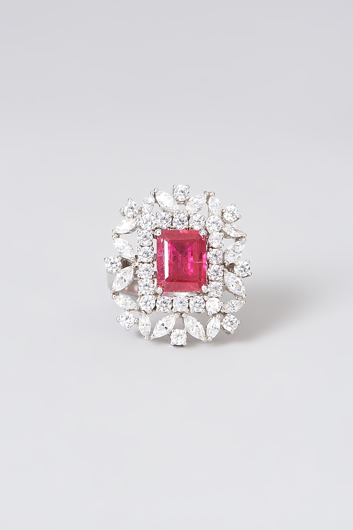 Black Rhodium Finish Red Swarovski Zirconia Emerald-Cut Ring In Sterling Silver by Diosa Paris Jewellery at Pernia's Pop Up Shop