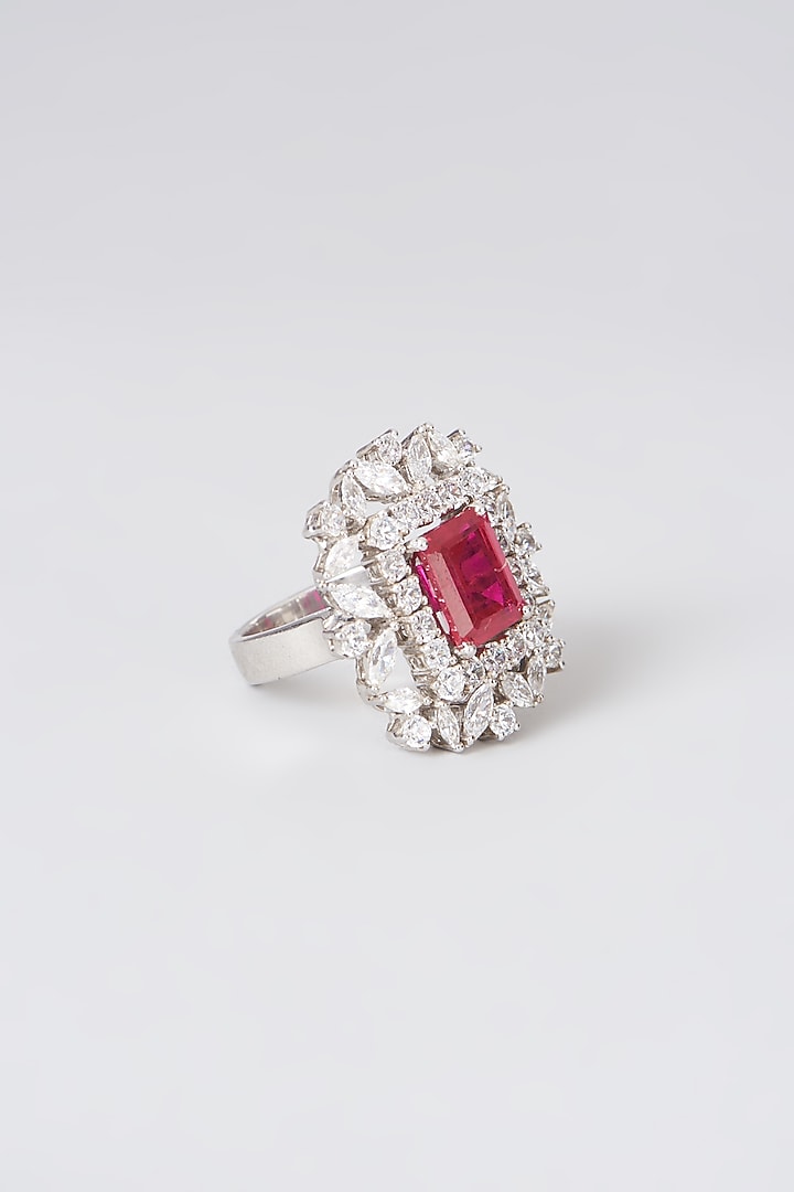 Black Rhodium Finish Red Swarovski Zirconia Emerald-Cut Ring In Sterling Silver by Diosa Paris Jewellery at Pernia's Pop Up Shop