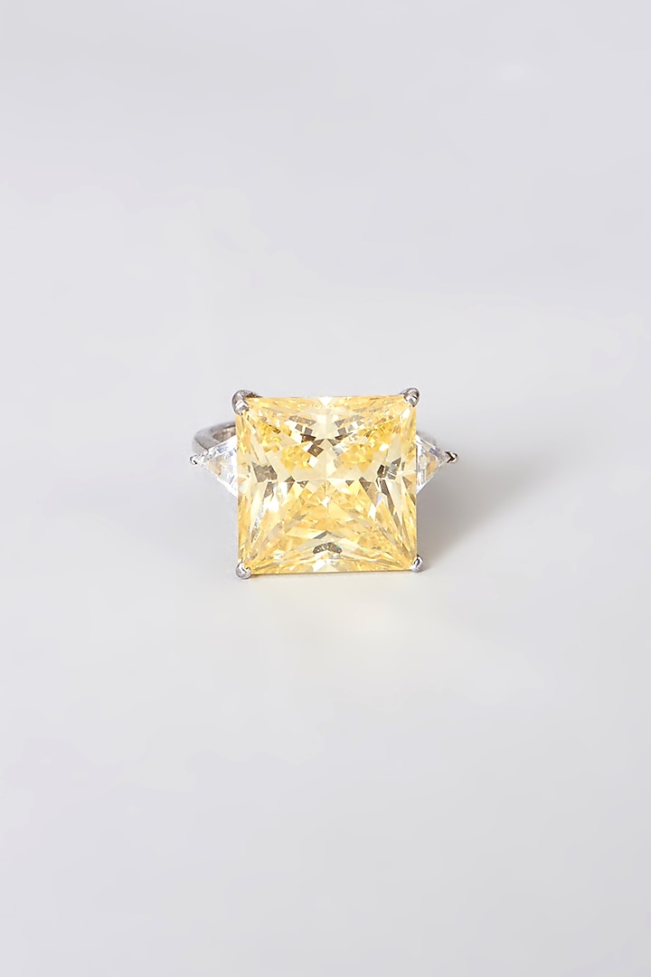 White Rhodium Finish Yellow Swarovski Zirconia Ring In Sterling Silver by Diosa Paris Jewellery at Pernia's Pop Up Shop