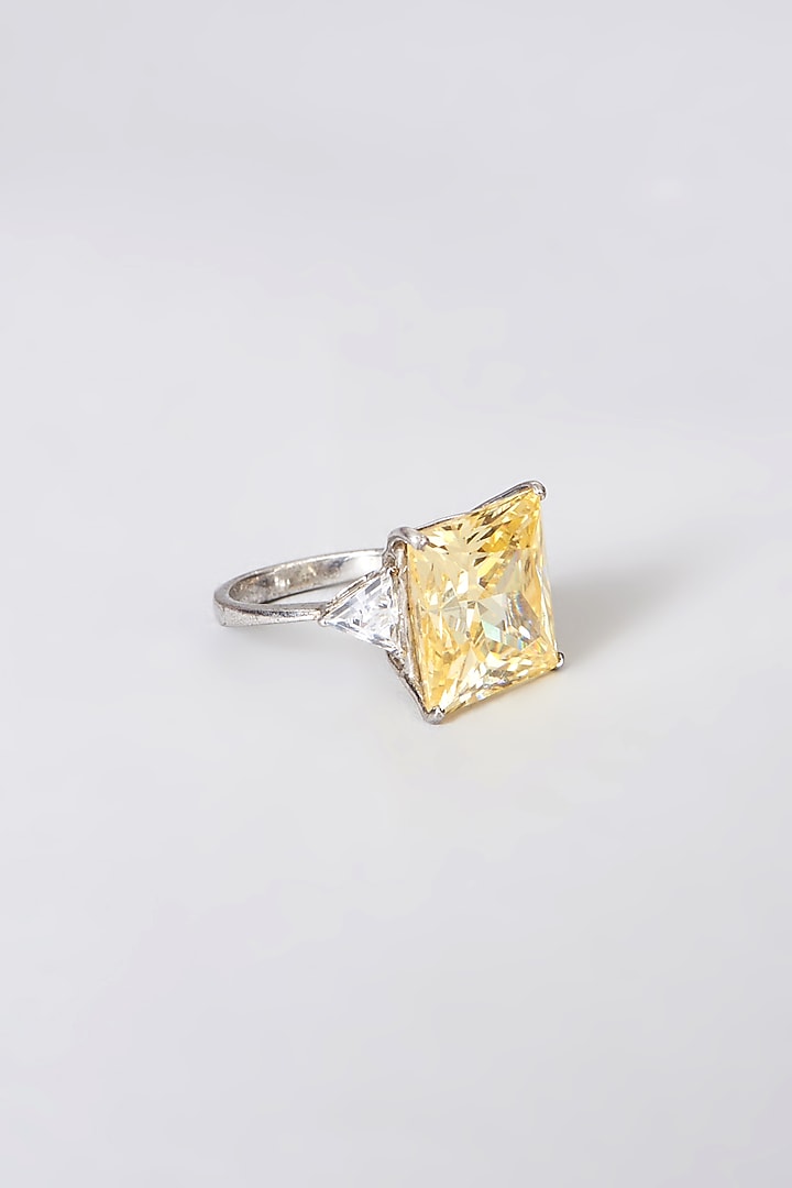 White Rhodium Finish Yellow Swarovski Zirconia Ring In Sterling Silver by Diosa Paris Jewellery at Pernia's Pop Up Shop