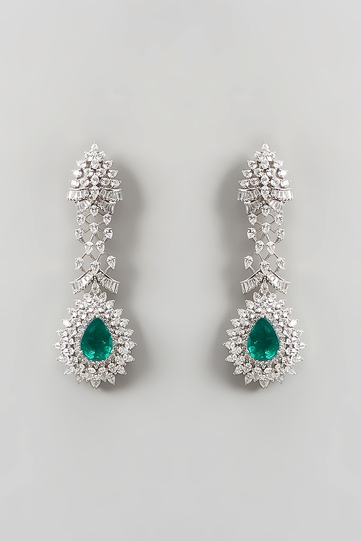 White Finish Green Stone Earrings In Sterling Silver by Diosa Paris Jewellery at Pernia's Pop Up Shop
