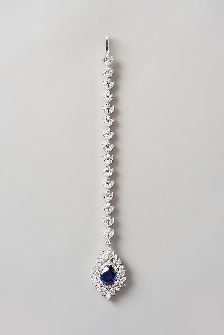 White Finish Swarovski Zirconia Maangtikka In Sterling Silver by Diosa Paris Jewellery at Pernia's Pop Up Shop