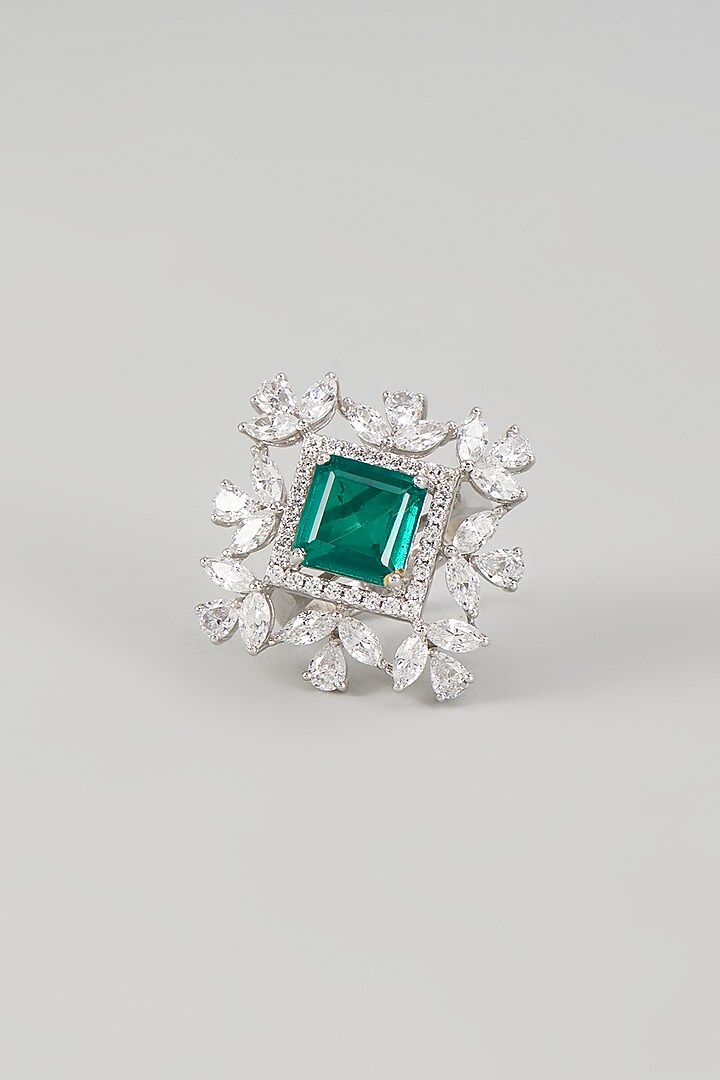 White Finish Emerald Synthetic Stone & Swarovski Zircon Ring In Sterling Silver by Diosa Paris Jewellery at Pernia's Pop Up Shop